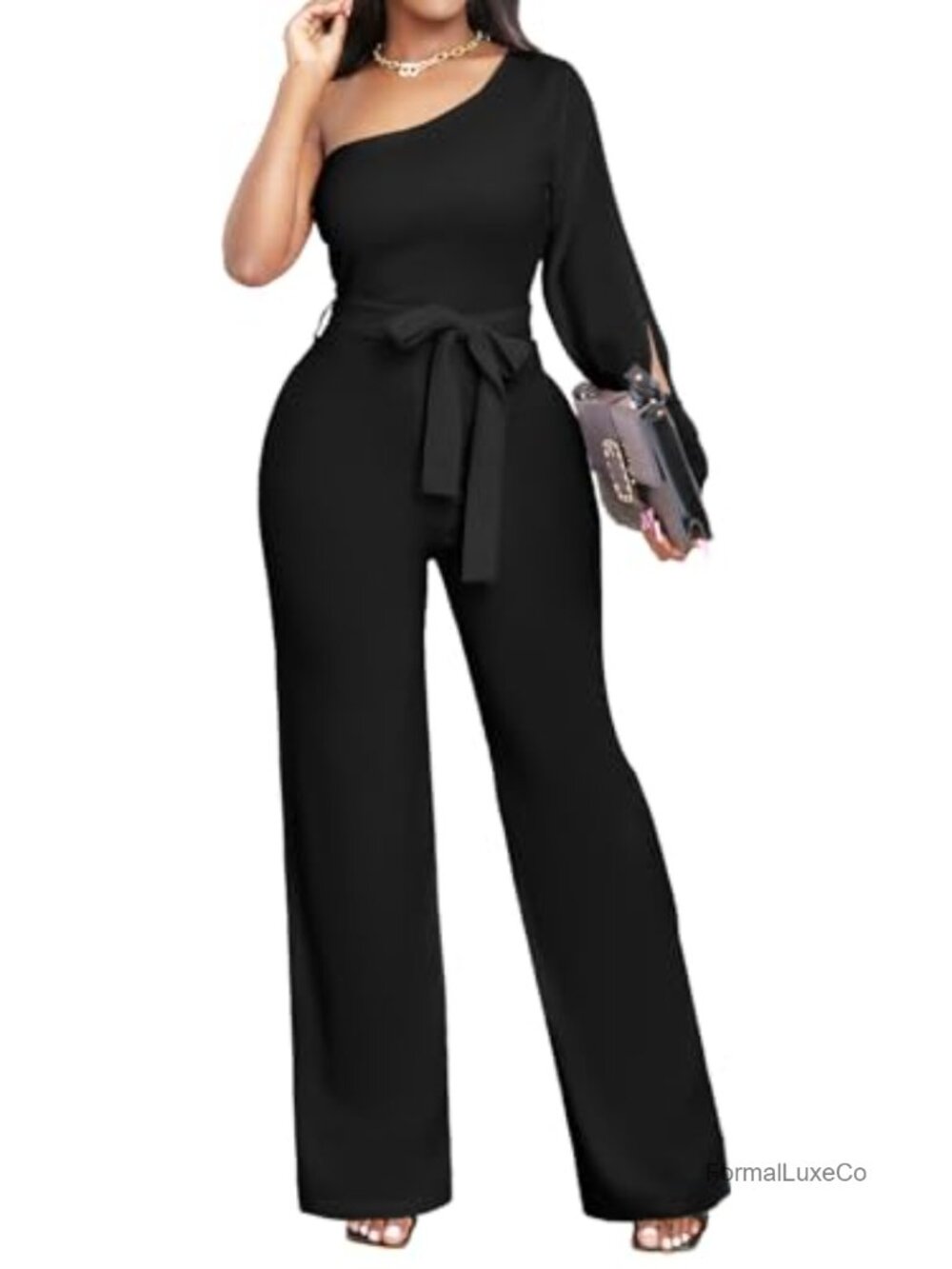Formal Jumpsuit for Women Dressy Long One Shoulder with Belt